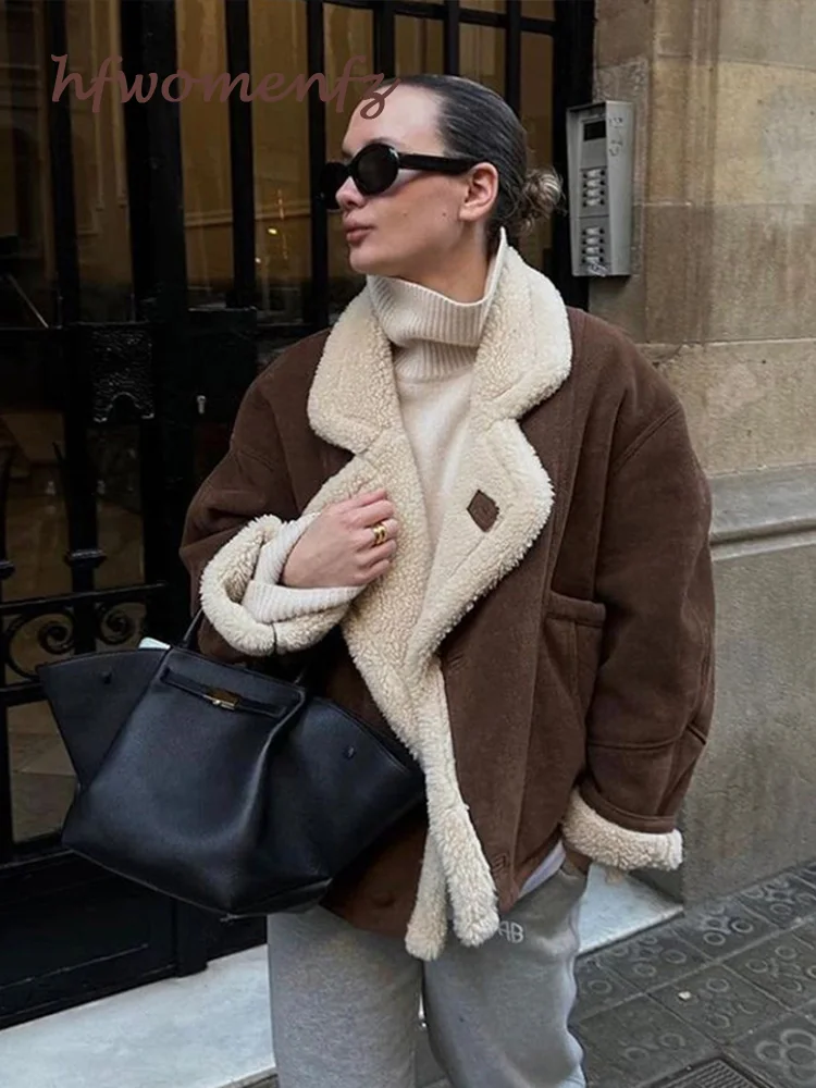 Женская винтажная коричневая куртка из овечьей шерсти с длинными рукавами и