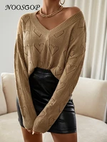 noosgop light brown sexy v neck hollow out heart pattern knit women pullover sweater 2022 autumn winter daily outfit