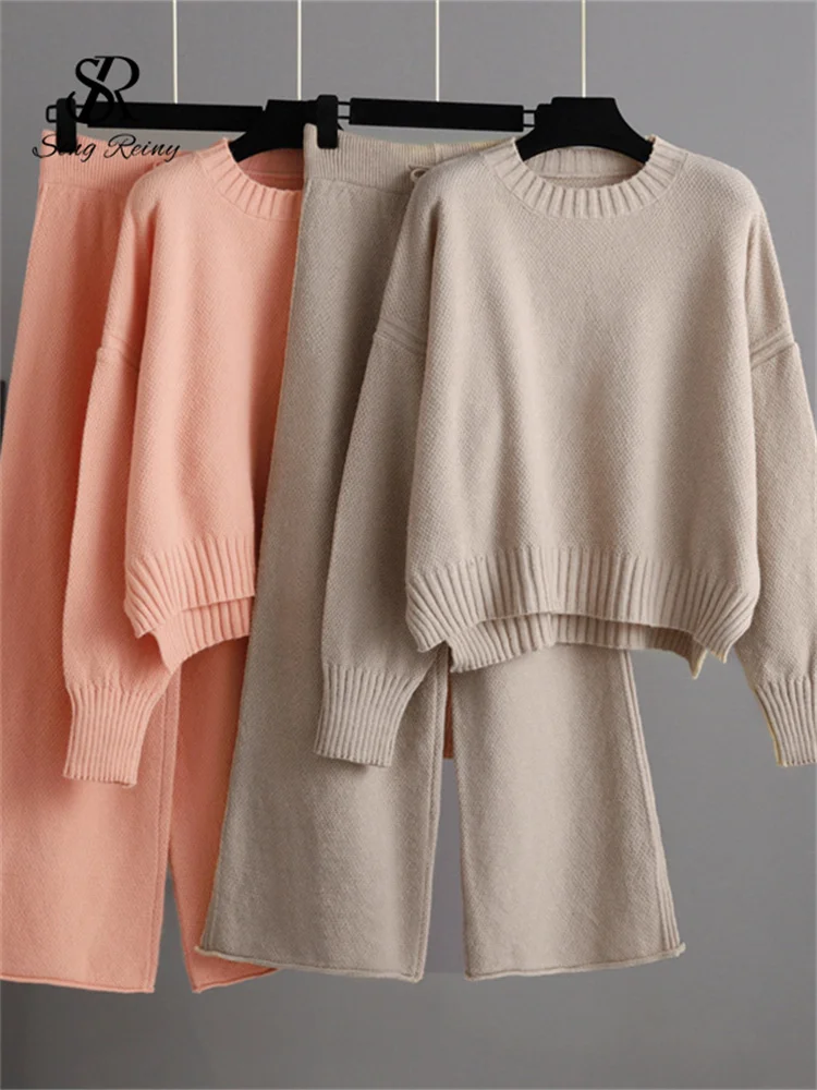 

LIRUICHENG Fashion Casual Knitted Two Pieces Sets Long Sleeves Loose Sweater + Wide Leg Long Pants Female Winter Sweater Sets