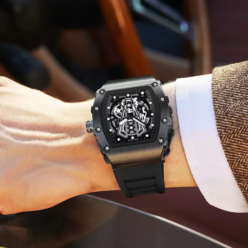 

Cool Black Quartz Watches Men Fashion Brand Silicone Strap Waterproof Tonneau Wristwatch Luxury Auto Date Sports AAA Clocks Gift