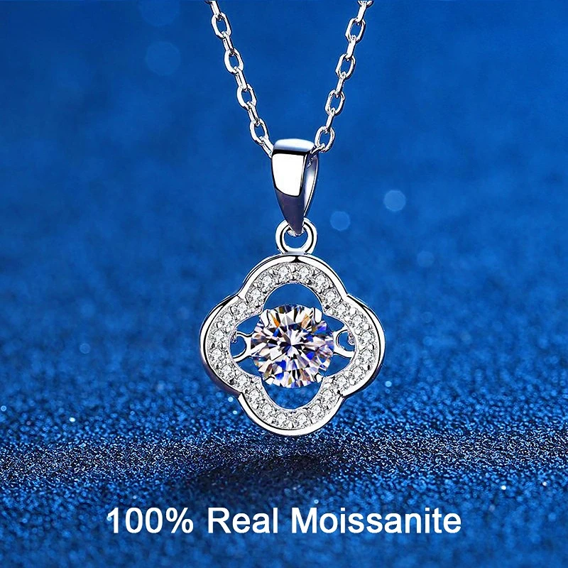 

100% Sterling Silver Clover Pendant Necklace 0.5ct Lab Moissanite Necklace Hollow Flower Diamond Necklace For Women Girls Gift