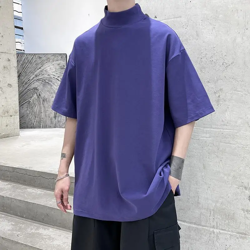 

Summer Half High Collar Short Sleeve T-shirt 2023 Man Solid Color Loose Fashion Basic Tees High Street Men Street Hip Hop Tops