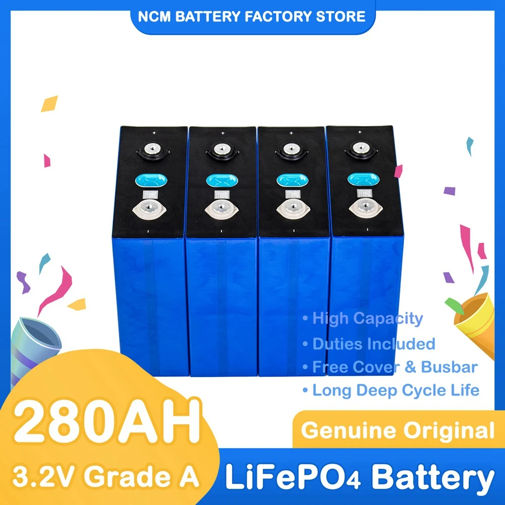 

3.2V 4PCS 280Ah Lifepo4 Battery Rechargeable Lithium Iron Phosphate Solar Battery Pack for 12V 24V 48V Boat Golf Cart Yacht RV