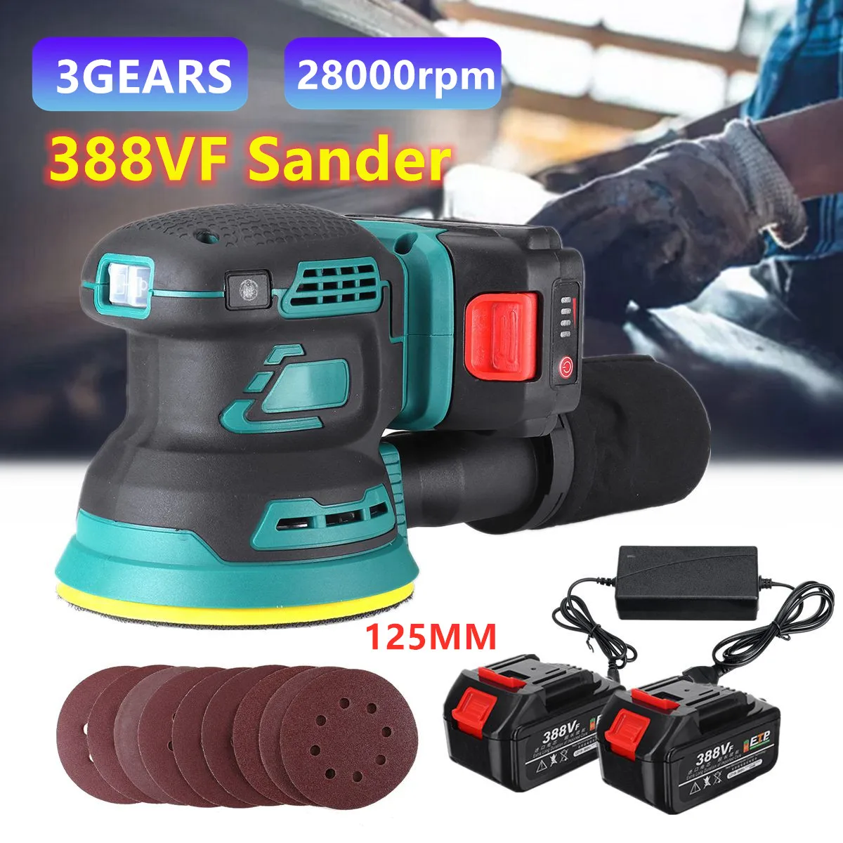 125MM Brushless Cordless Electric Sander Random Orbital With 9 Sandpaper Wood Grinder Polishing For Makita18V Battery