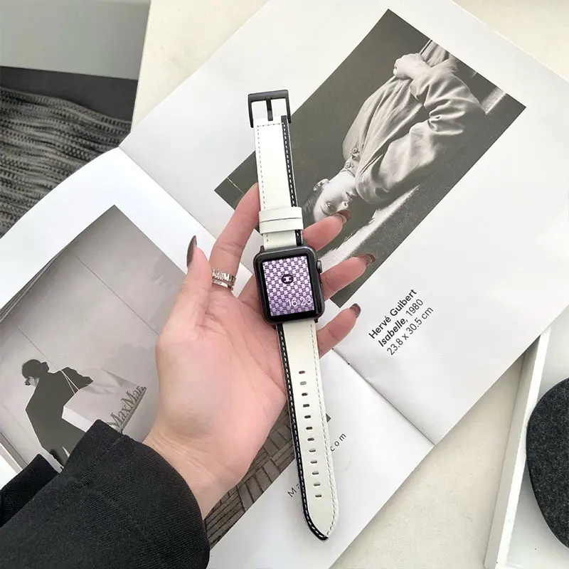 Фото Ремешок кожаный для Apple Watch Band, черный белый браслет для iWatch Series 8 7 6 SE 5, 45 мм 41 мм 44 мм 42 мм 40 мм 38 мм №2