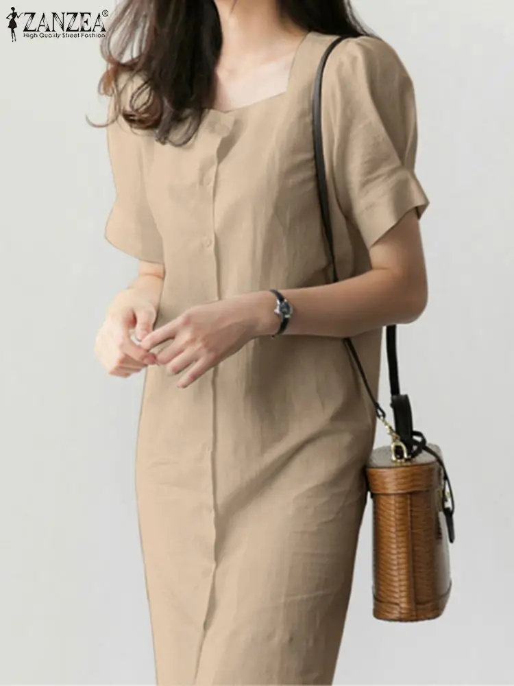 

Платье-рубашка ZANZEA женское с квадратным вырезом, элегантный однотонный офисный Повседневный Сарафан до колен с коротким рукавом, лето 2023