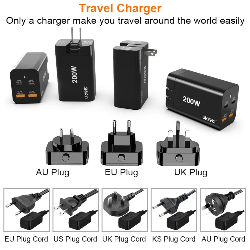 Сетевое зарядное устройство URVNS GaN 200 Вт USB C 4 порта PD 100 PPS 65 45 QC5 Сверхбыстрая