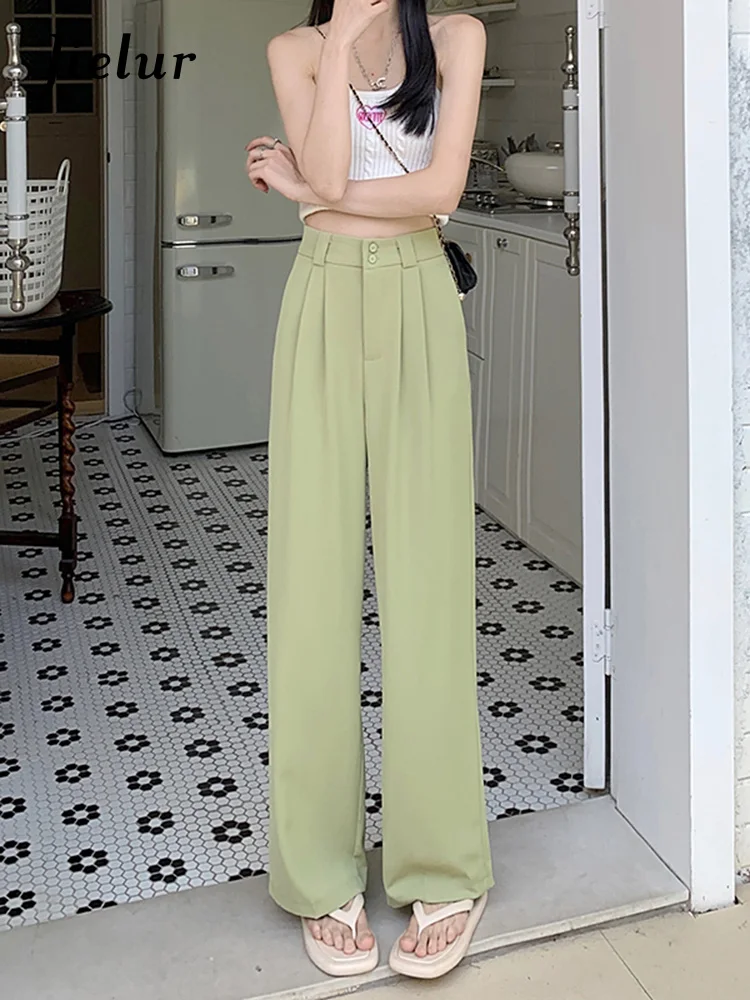 

Jielur Office Lady Suit Pants Women 2022 New High Waist Loose Black Khaki Trousers Woman Basic Korean Chic Wide Leg Pants Female