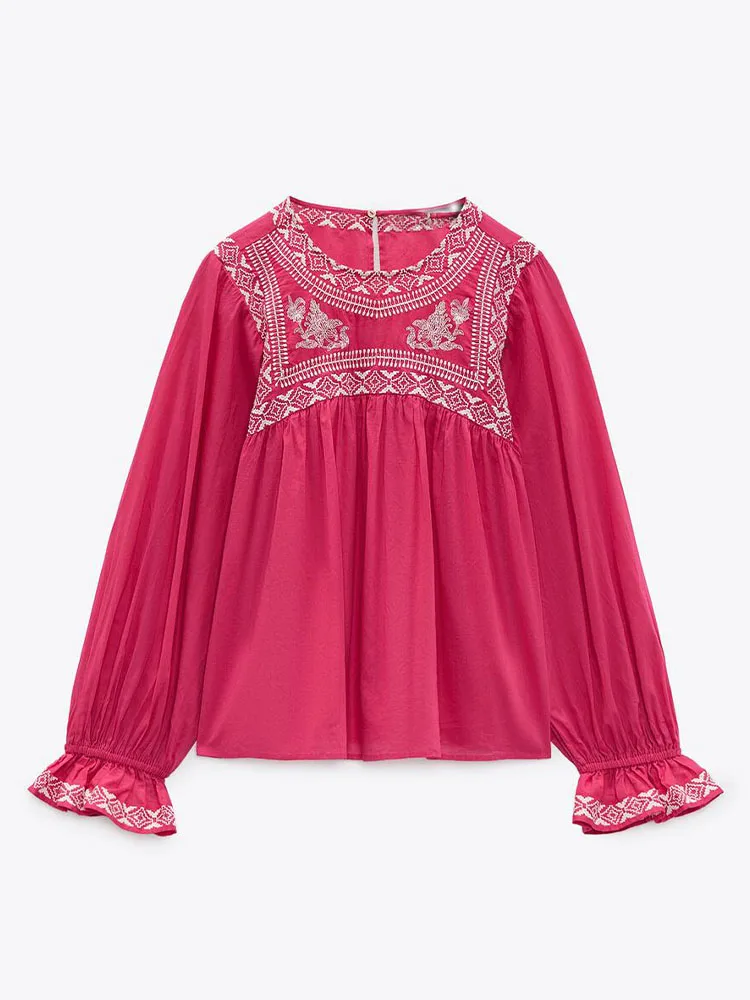 

Zach AiIsa spring new sweet retro round neck long-sleeved women's loose casual texture contrast color embroidered blouse