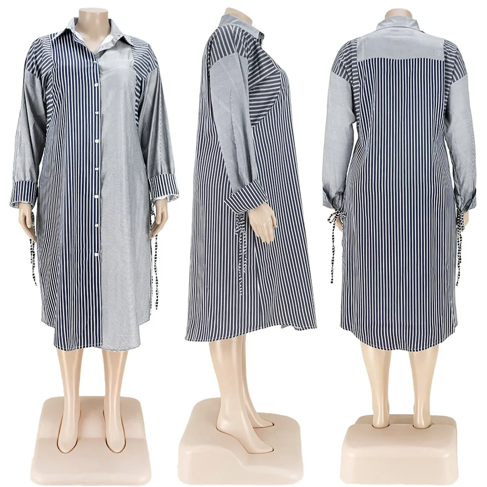 Plus Size Women Fall Clothing Dress Wholesale Fashion Streetwear Patchwork Striped Office Lady Shirts Midi Dr 3xl 4xl 5xl 6xl