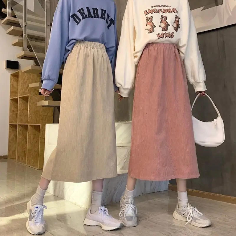 

A-line Skirt Women Autumn 2021 New Korean Clothing Y2k High Waist Solid Casual Pink Long Skirts for Women Girls Women Clothes