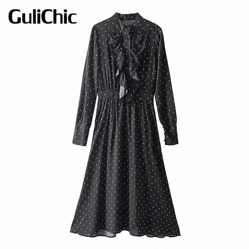 

4.25 GuliChic Women Temperament Fashion Dot Print Ruffles Decorate Long Sleeve Collect Waist Slim Casual Long Dress