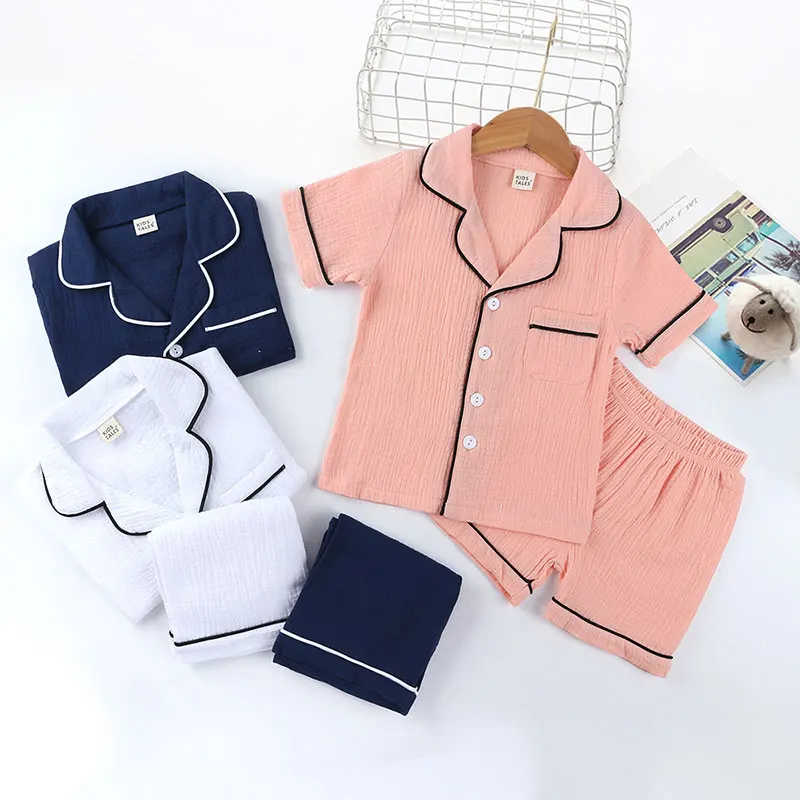 

Solid Color Children Pajamas Set Summer Kids Boys Sleepwear Suit Short Sleeve Sleepwear+Pants Fashion Kids Clothes 3-7 Years