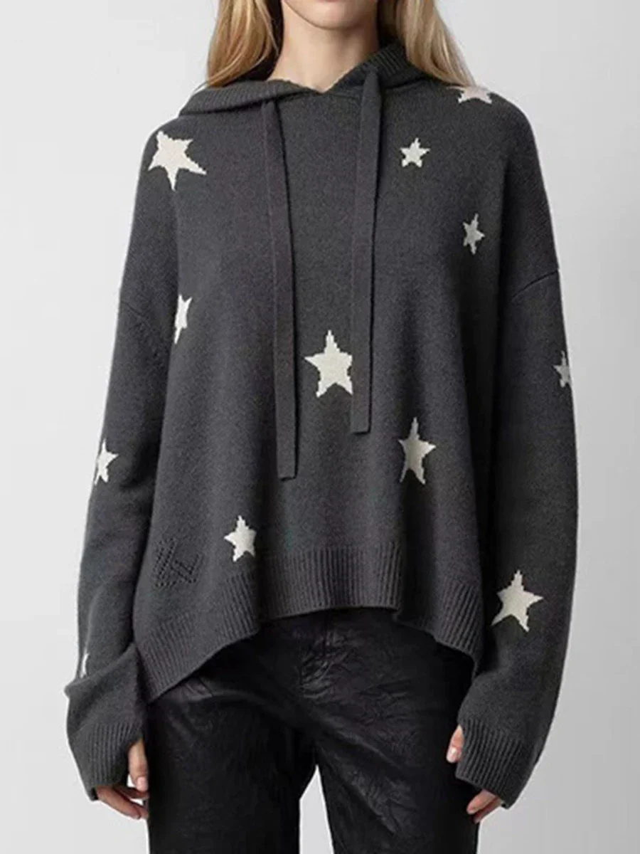 

Женский жаккардовый свитер со звездами, пуловер с длинным рукавом и капюшоном, повседневный Свободный вязаный свитер на осень и зиму, 2023