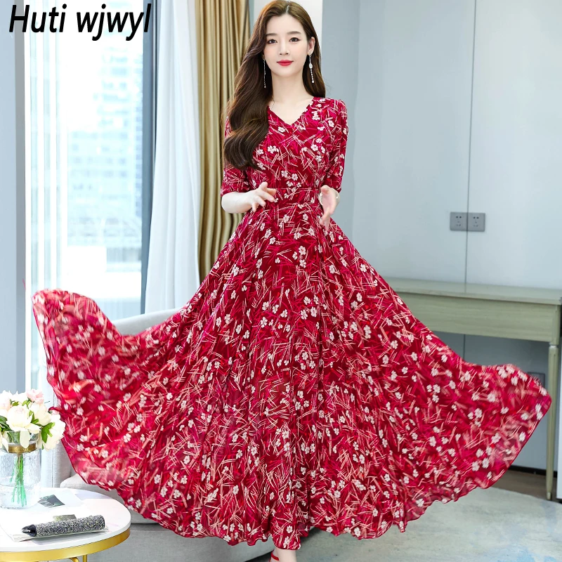 

Женское шифоновое платье-макси с коротким рукавом и цветочным принтом