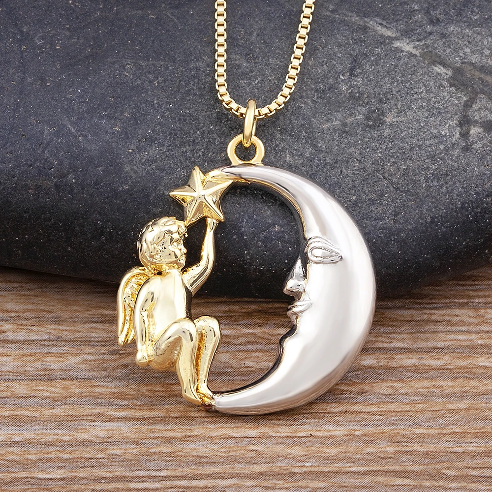 

AIBEF Fashion Boy Lucky Star Copper Zircon Moon Shape Relief Pendant Gold Necklace Exquisite Jewelry Party Personalized Gifts