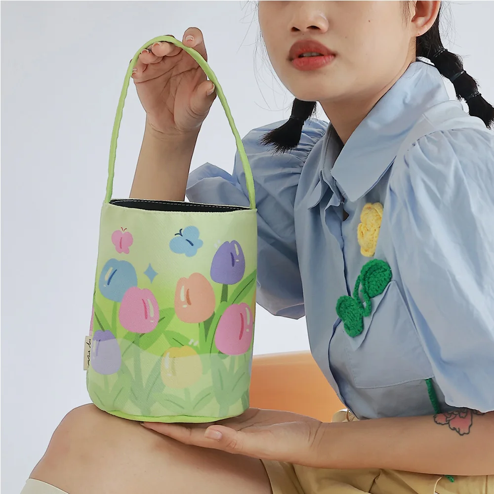 

Green Pattern Flower Hand Tote Bag Fashion Texture Commuter Mommy Small Capacity Bucket Bag Women Ins Small Fresh New Summer