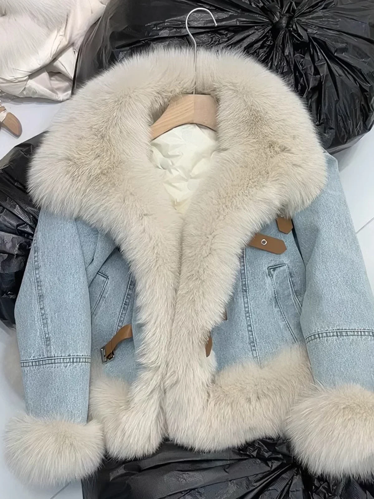 Корейская серия ретро темперамент большой меховой воротник джинсовая меховая
