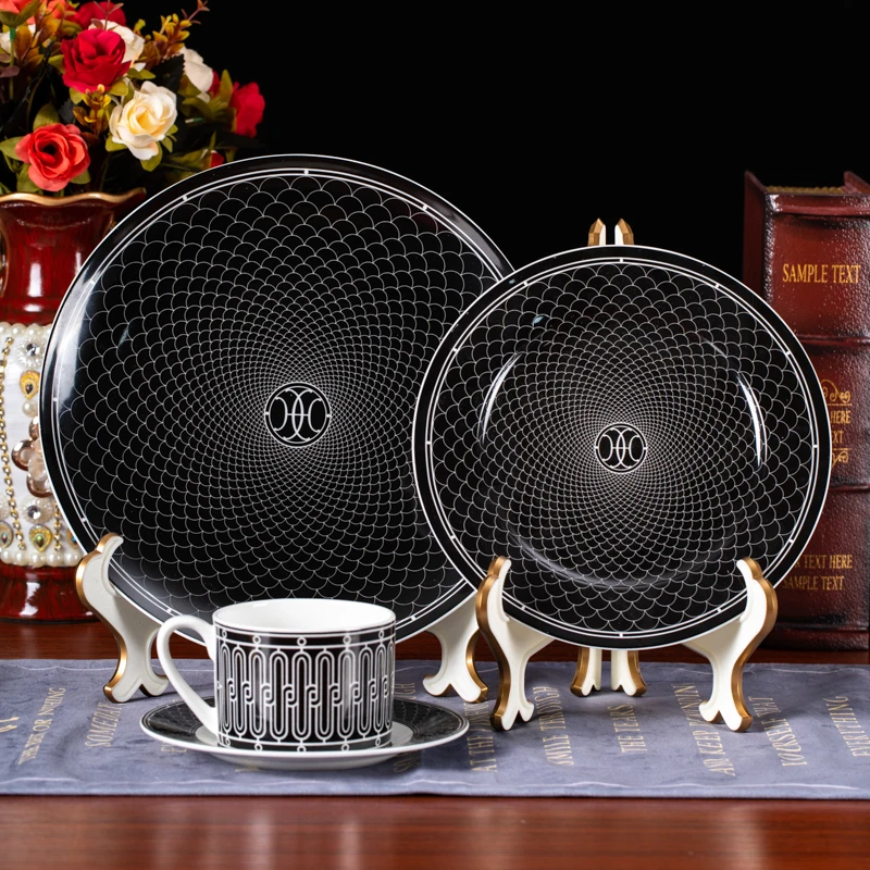 

European bone china dinner plate steak plate cake dessert plate black and white grid tableware set western food
