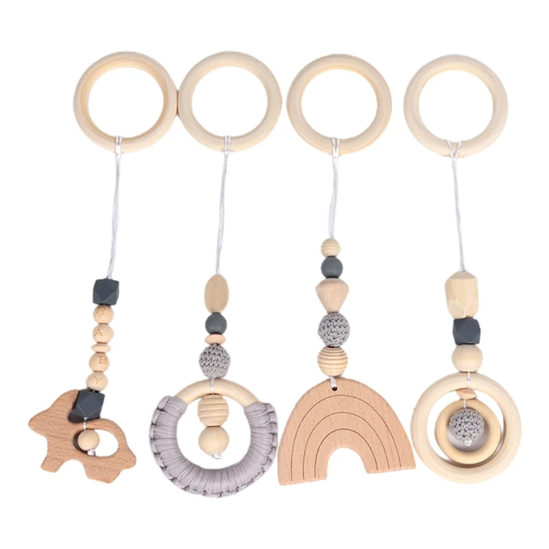 

4pcs/set Baby Teething Care Beech Cotton Thread Wood Ring Teeth Gum Play Fitness Frame Stroller Hanging Pendant Wood Ring Molar
