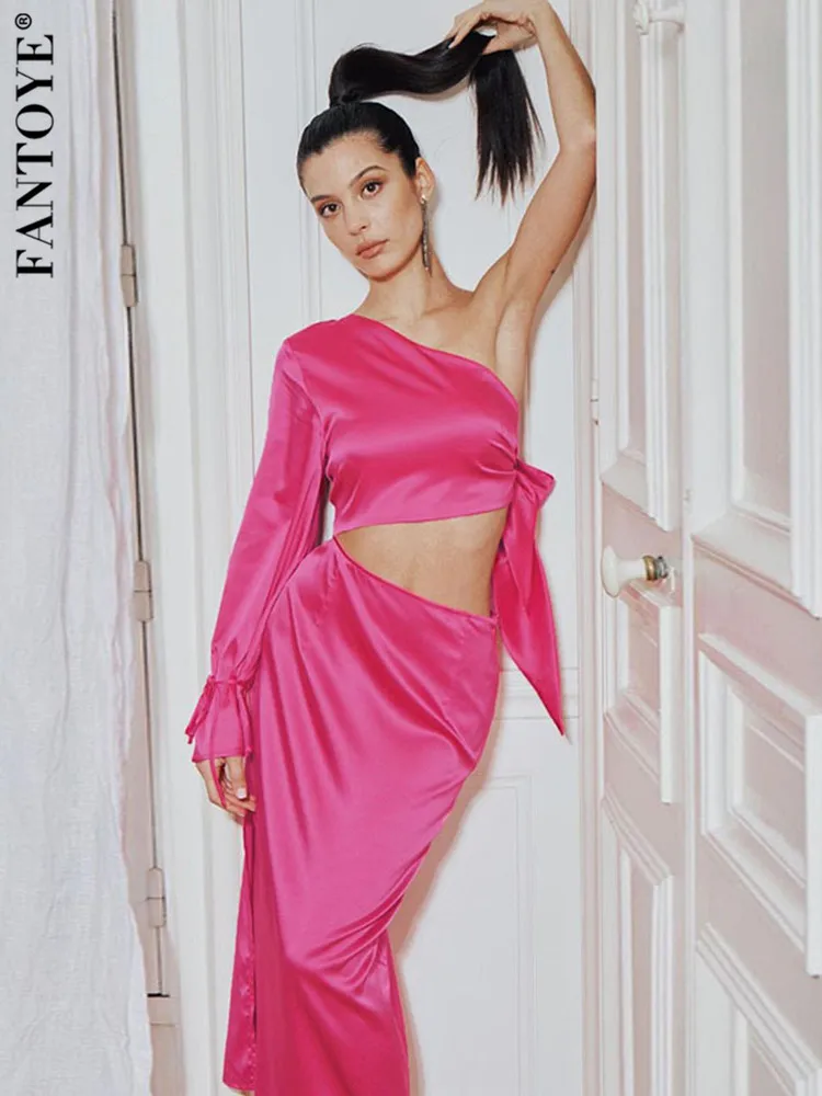 

Fantoye Satin One Shoulder Ruched Dress Women Sexy Long Sleeve High Waist Partywear Hollow Out Side Split Evening Dresses Female