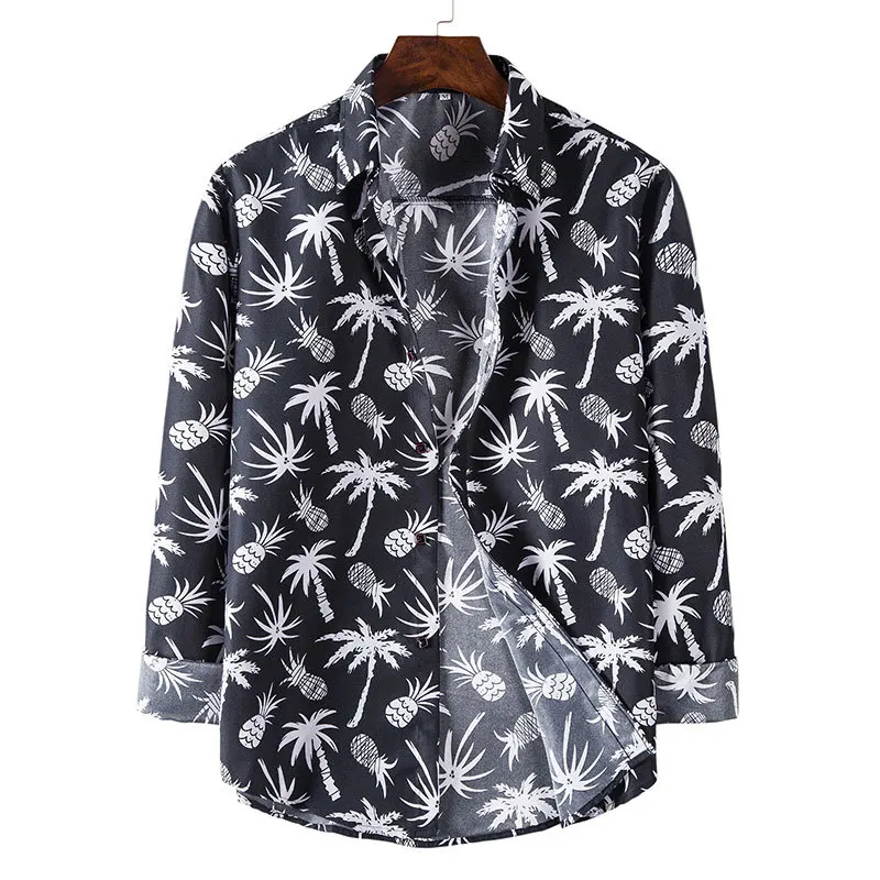 Mattswag Hawaiian Printed Long Sleeve Shirt For Men Spring Autumn Breathable Men's Clothing Loose Fashion Casual Dress Shirt 3XL