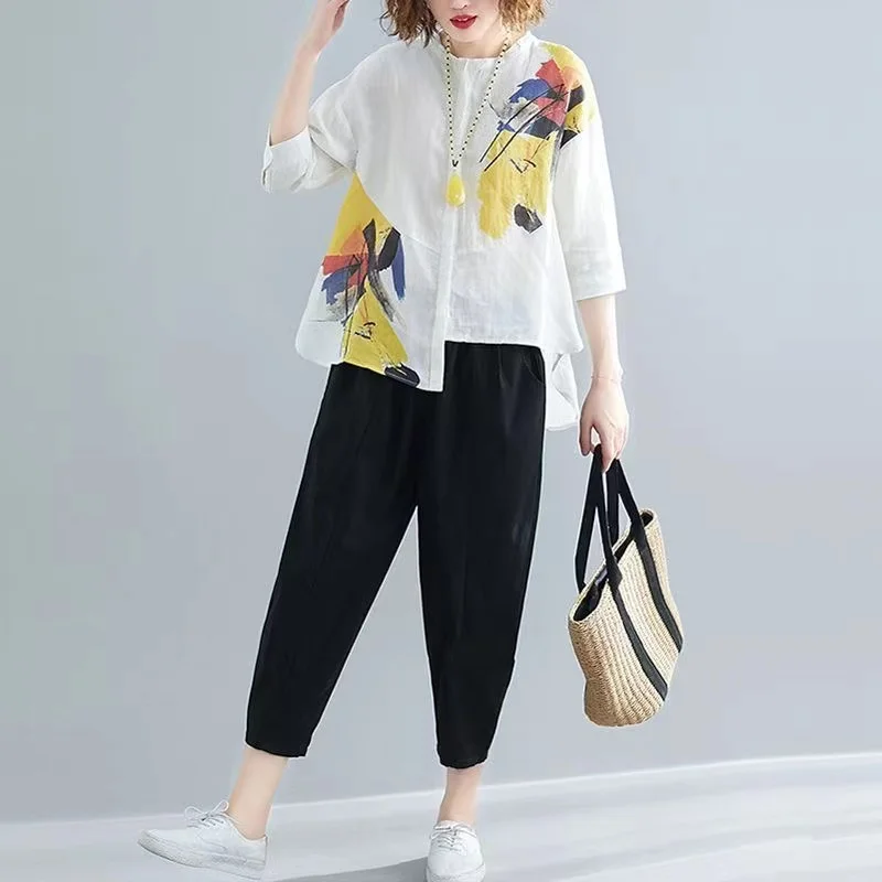 

Женский Повседневный костюм из 2 предметов, свободная хлопковая рубашка и брюки-султанки в винтажном стиле, лето 2023