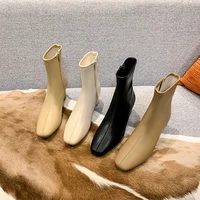French Niche Thick Heel Ankle Boots Women's Autumn and Winter High Heels Square Toe Skinny Boots Side Zipper Leather Boots Women