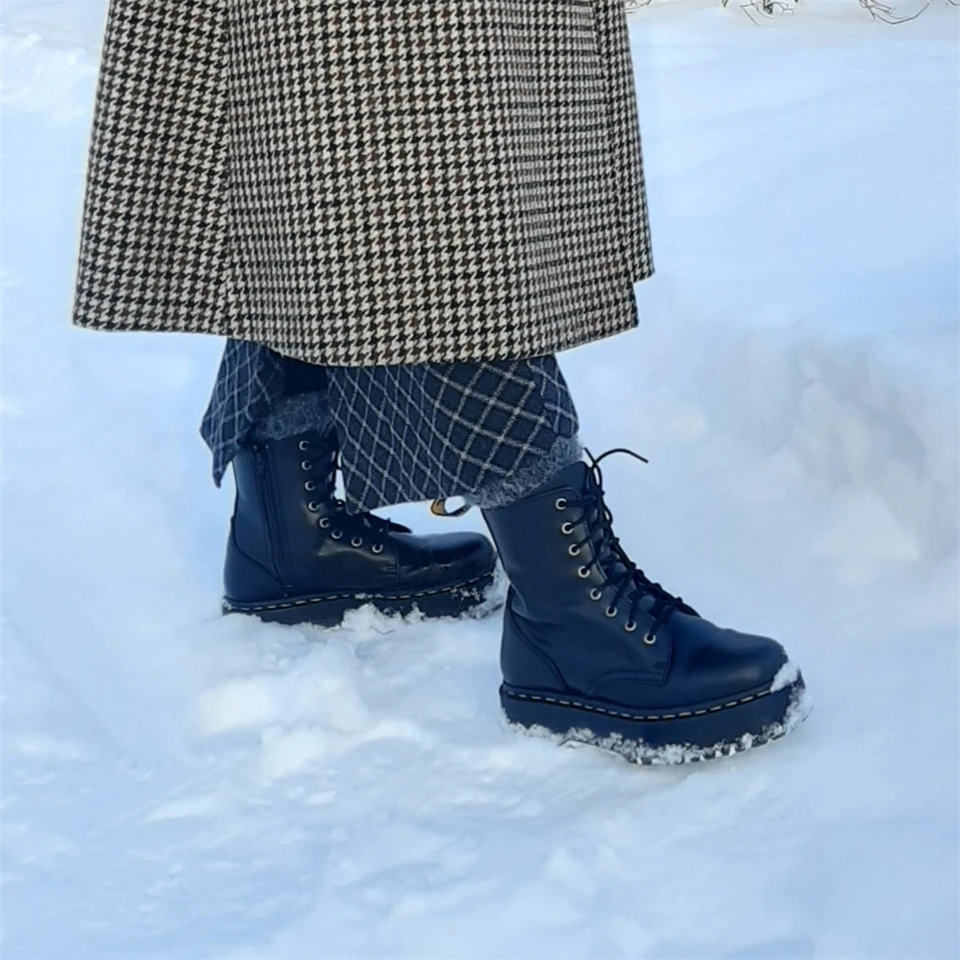 Spring Winter Women Leather Ankle Boots Fashion Classic Keep Warm Motorcycle High Platform Gothic Punk Shoes Female Combat Boots