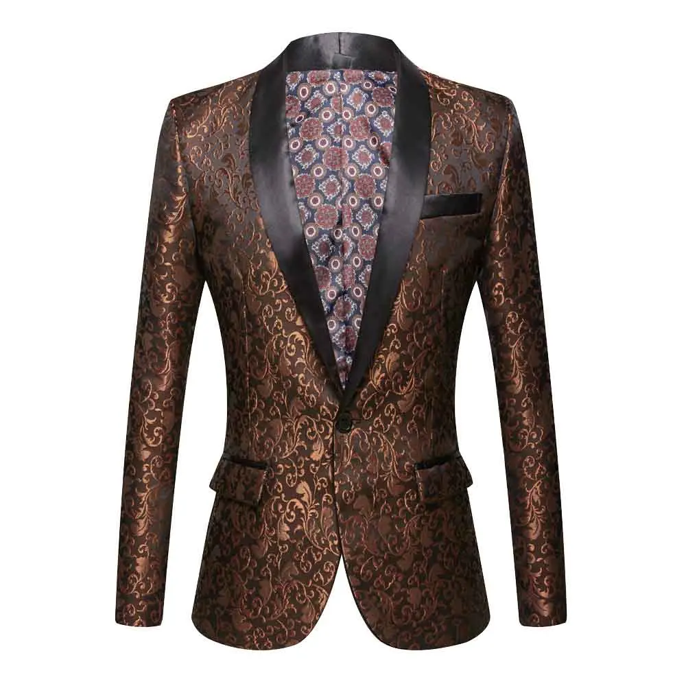 Gold Jacquard Bronzing Floral Blazer Suit Mens Single Button Blazer Jacket Wedding Dress Party Stage Singer Costume