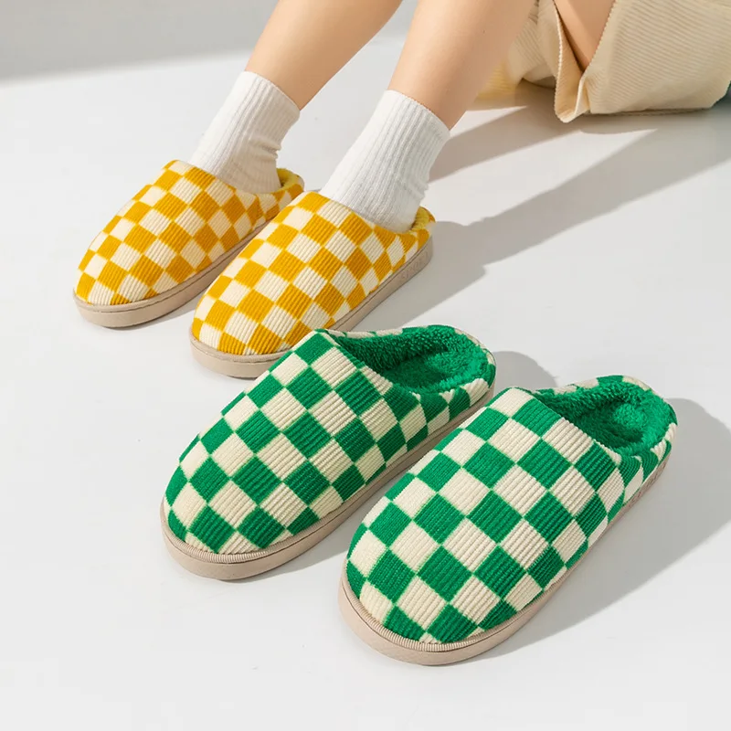 Novelty Plush Slippers for Women Home Checkered Fluffy Winter Warm Women Slippers Indoor Winter Plush Comfortable Slippers
