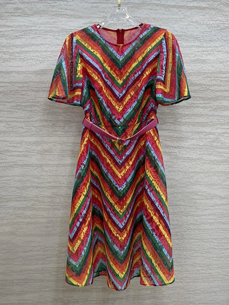 

Runway 2022 Summer Midi Dress Women Short Sleeve Colours Print Belt High Quality Lace Elegant Party