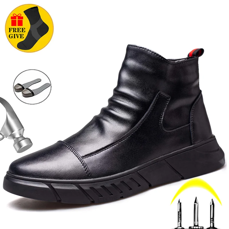 

Genuine Leather Men's Boots Safety Shoes Men Chelsea Boots Steel Toe Shoes Work Sneakers Indestructible Shoes Security Boots