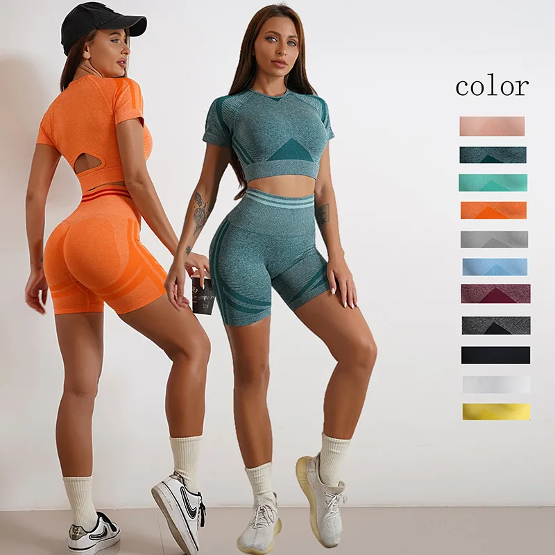 

Outdoor Short sleeve High Waist Hip Lift Shorts Sweatpants Women's Sportswear Running Wear Gym Sports Set Seamless Yoga Set