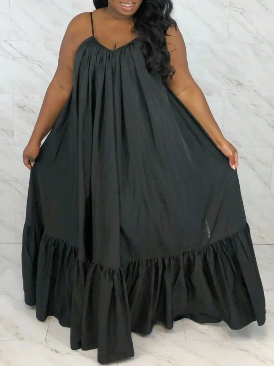 LW Plus Size summer Dresses Casual Pocket Fold Design Loose Black Floor Length A Line Dress Spaghetti Strap sexy summer skirt