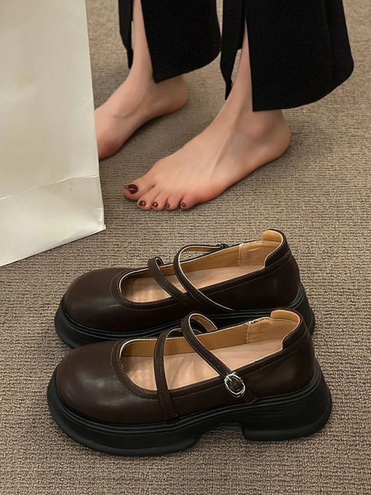 

Shoes Women House Slippers Platform Med Pantofle Shallow Soft Flat 2023 PU Mary Janes Retro Basic Rome Microfiber Round Toe Rub