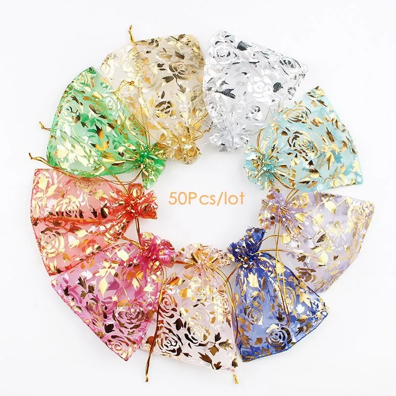 

50pc/lot 9X12cm Gold Rose Color Christmas Bags Wedding Drawable Organza Voile Gift Packaging Bags Cheap Pouches Bags