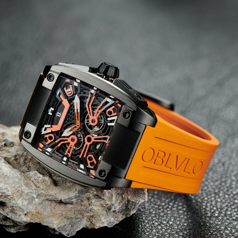 

OBLVLO Luxury Men Automatic Mechanical Watch Super Luminous Skeleton Stainless Steel Case Rubber Strap Glass Waterproof Sport GM