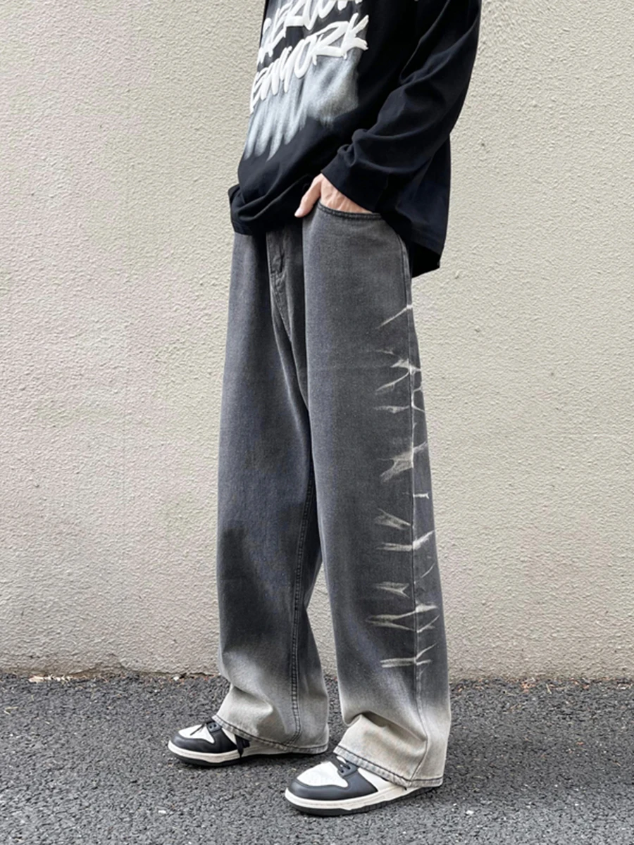 Four Seasons European and American Tie Dye Jeans Men's High Street Vibe Straight Loose Pants Wide Leg Pants Fashion Streetwear
