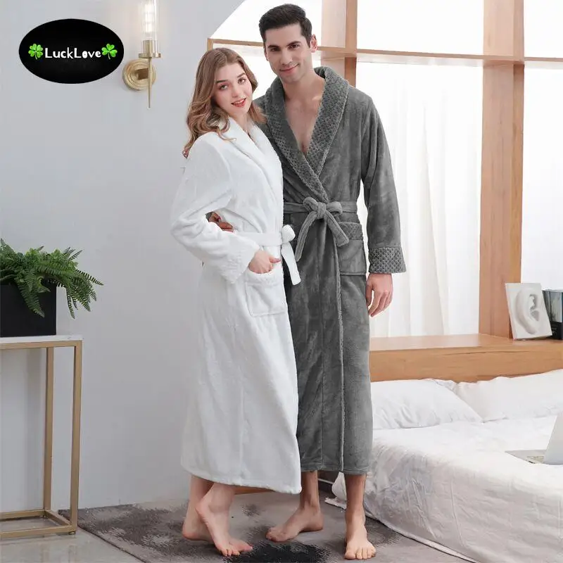 Men Luxury Extra Long Thermal Bathrobe Plus Size Winter Flannel Thickening Robes Warm Kimono Bath Male Belt Pocket Dressing Gown