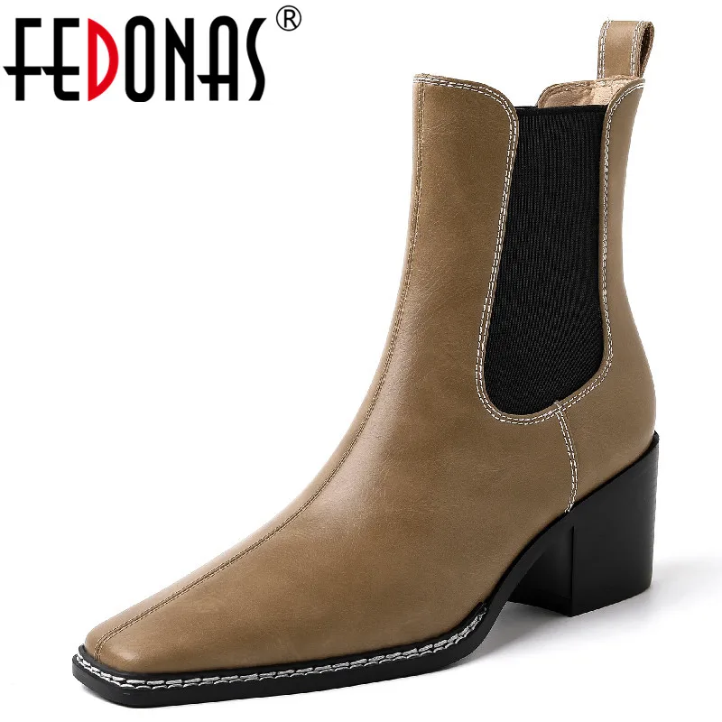 

Женские ботильоны с квадратным носком FEDONAS, офисные ботильоны из натуральной кожи на толстом каблуке, сезон осень-зима