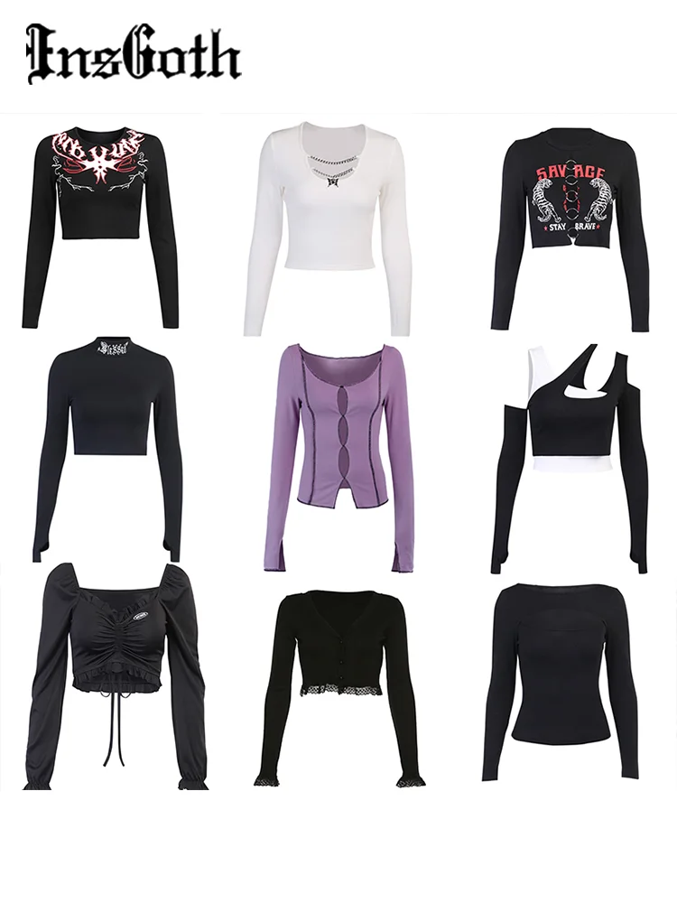 Женская Винтажная Футболка InsGoth черная облегающая футболка с длинным рукавом в
