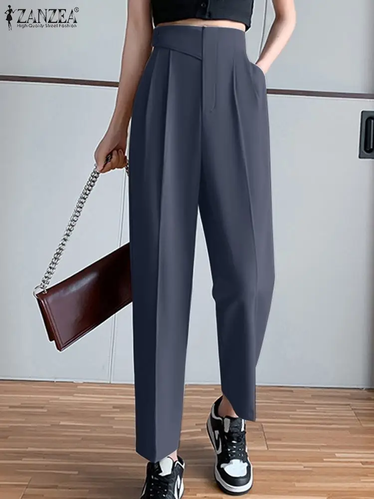 

ZANZEA Women High Waist Cropped Pants Korean Fashion Pleats Waist Solid Trouser Casual Straight Slacks Office Lady Elegant Pant