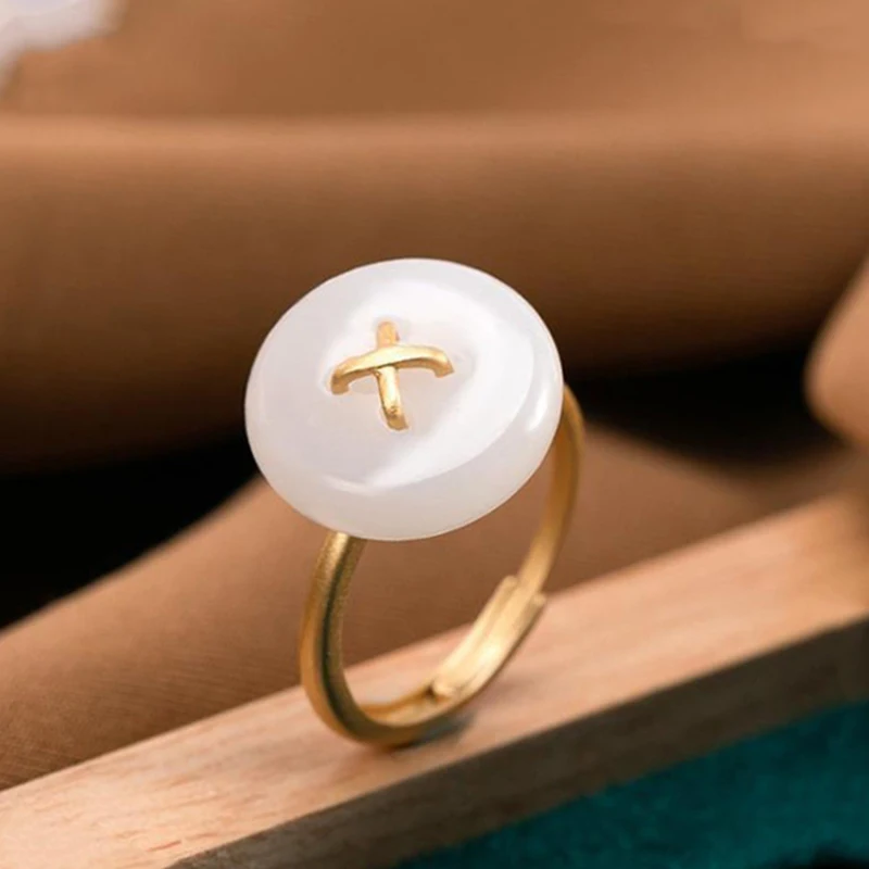 

Designer Original Design Gold Plated Inlaid Natural Hetian Jade Round Open Adjustable Ring Elegant Chinese Women Jewelry