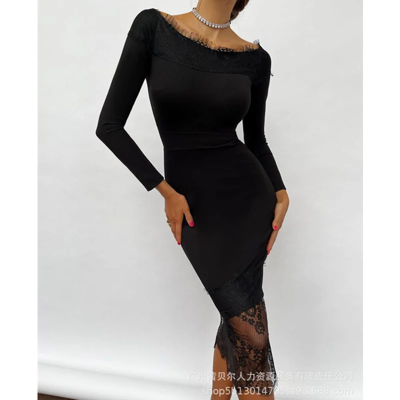 

Женское элегантное кружевное комбинированное облегающее платье, модное сексуальное платье с длинным рукавом и круглым вырезом, корсет с высокой талией, коктейльное платье Вечерние вырезами