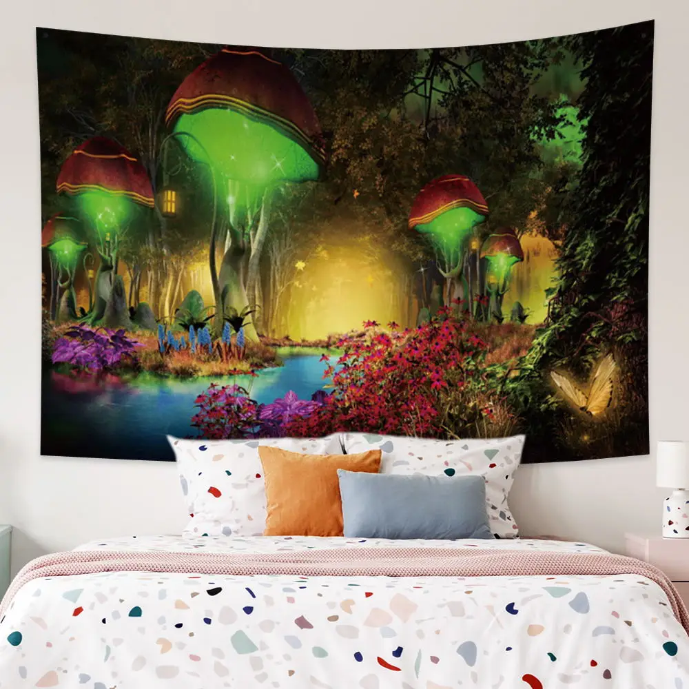 

Psychedelic Forest Mushroom Tapestry Wall Hanging Fairytale Wonderland Trippy Colorful Flower Room Home Dorm Fantasy Tapestries