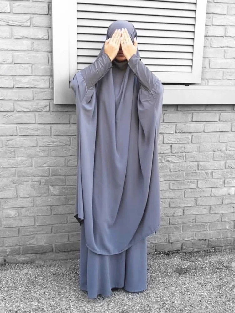 Hooded Muslim Prayers Two Piece Set Women Hijab Dress Dubai Prayer Garment Jilbab Abaya Ramadan Gown Skirt Sets Islamic Clothes
