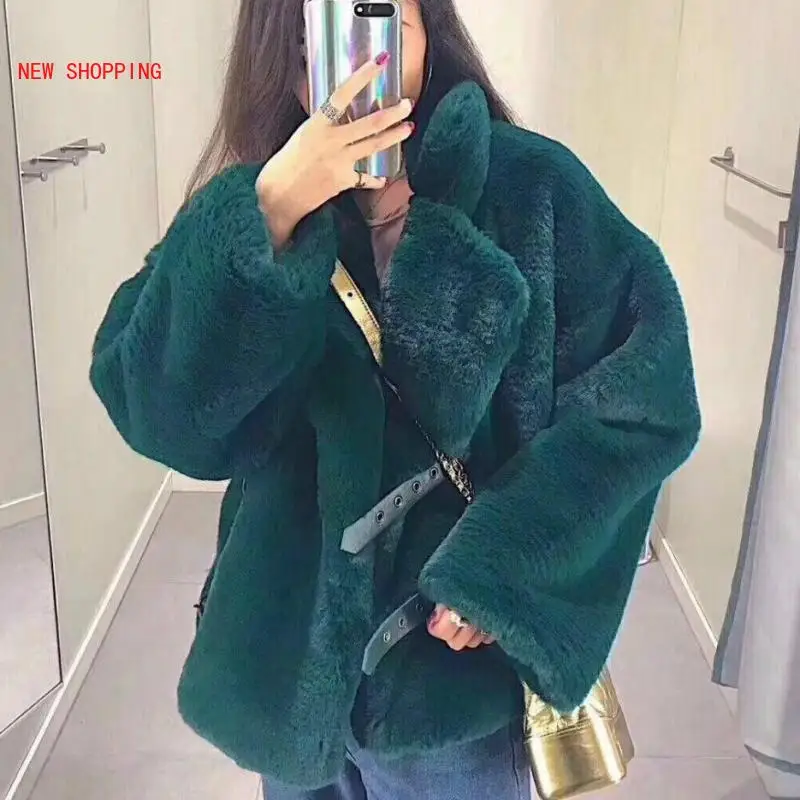 Luxurious Faux Fur Coat for Women Fashion Fluffy Rabbit Fur Jackets Overcoat Thick Warm Tops Female Artificial Sheepskin Coats