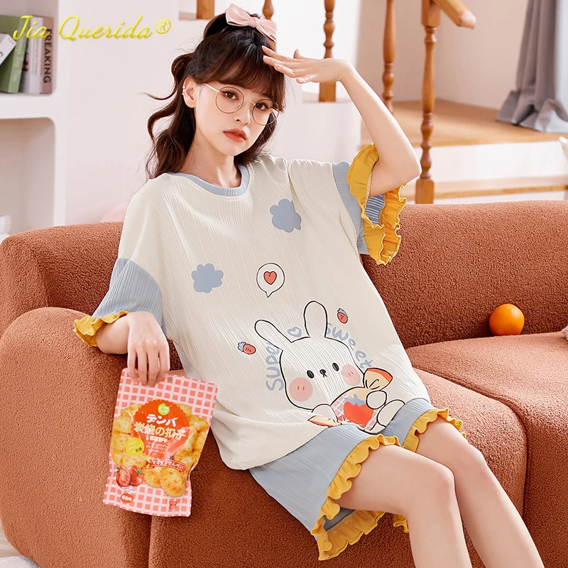 

Pijamas Women Kawaii Summer Shorts Two Pieces Young Girls Pj Set Chic Cotton Sleepwear Student Girl's Night Wear Casual Pajamas