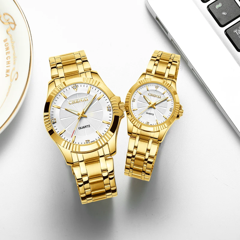 Gold Couple Watch Gift CHENXI Top Brand Luxury Golden Mens Watches Stainless Steel Business Casual Women Watch Free Shipping
